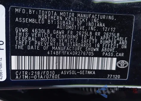 2013 Toyota Camry Le from USA, damaged, VIN 4T4BF1FK4DR276705